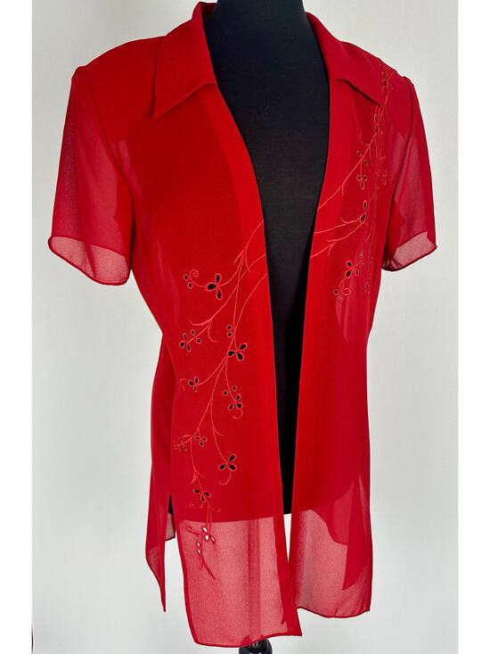 Studio I Tops - Vintage Studio I Sheer Red Embroidered Cardigan Open Front Mesh Blouse Medium 10